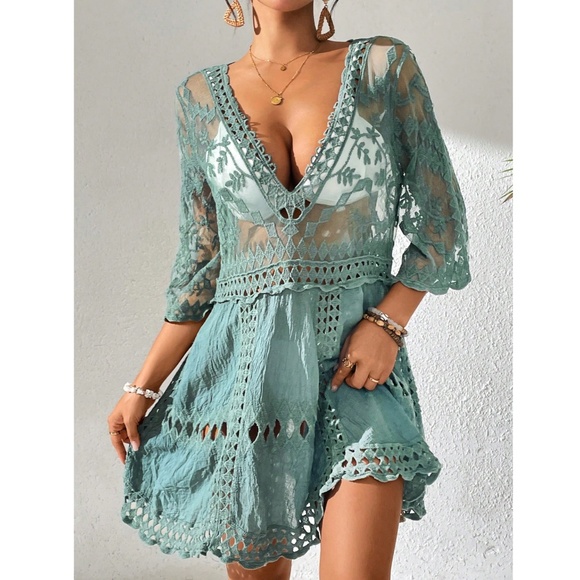 Green Boho Coverup Dress Tunic  Lace Detailed, Sheer, Mesh - Picture 6 of 8